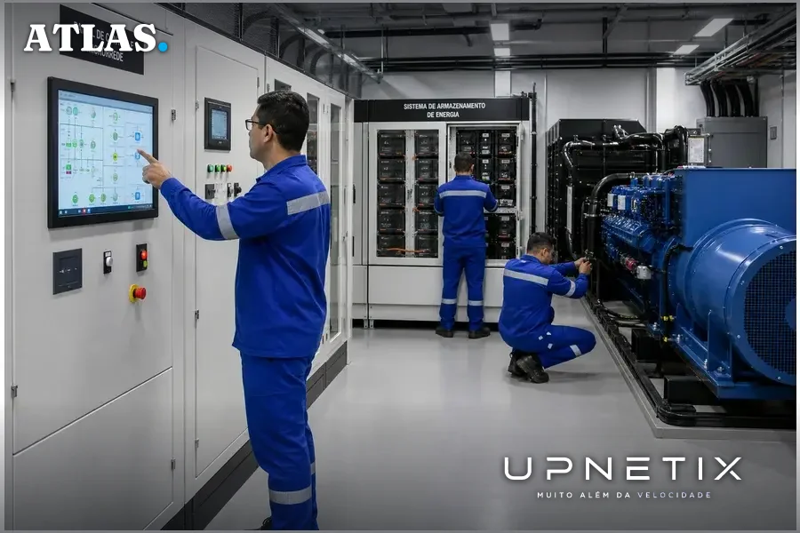 Técnicos operando equipamentos de microrrede e armazenamento de energia em data center.