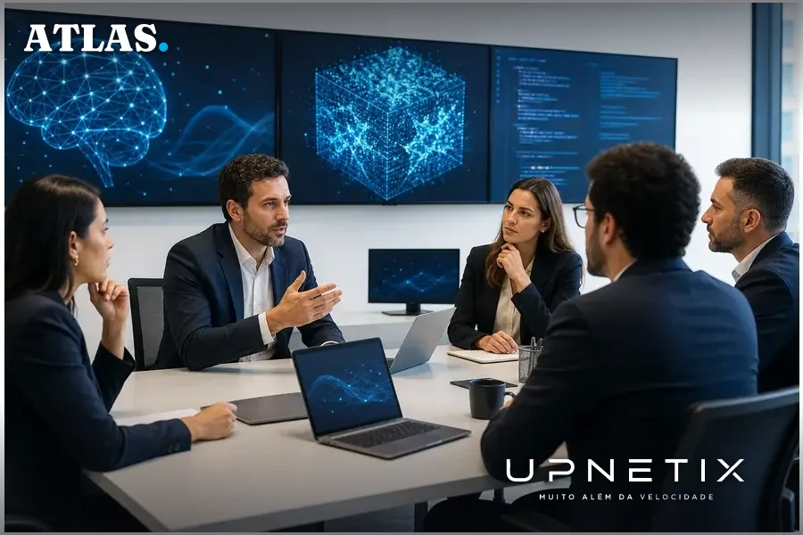 Executivos brasileiros discutindo decisões de IA em ambiente corporativo moderno e iluminado.