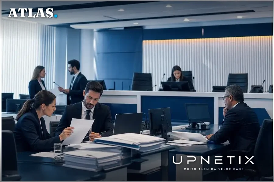 Sala de tribunal corporativa com advogados e procuradores discutindo casos de responsabilidade em incidentes de IA.
