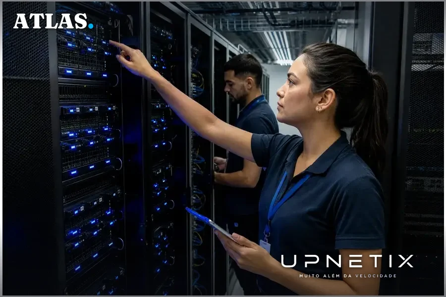 Interior de data center moderno com servidores e equipamentos tecnológicos iluminados.
