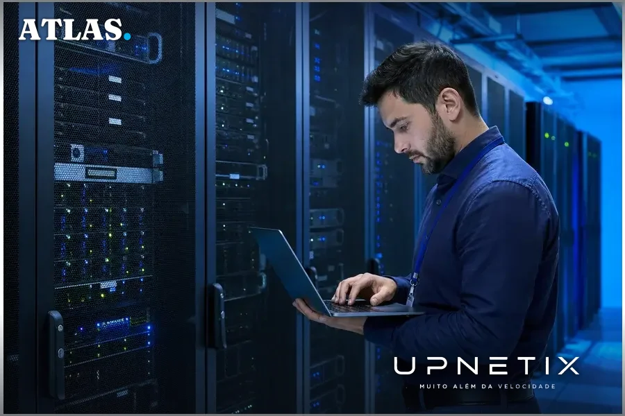 Servidor de dados em data center moderno representando exposição de informações sensíveis por GenAI.