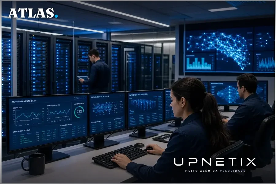 Sala de operações realista de data center com servidores e engenheiros trabalhando
