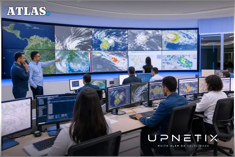 Sala de operações de central de monitoramento climático com técnicos analisando painéis digitais.