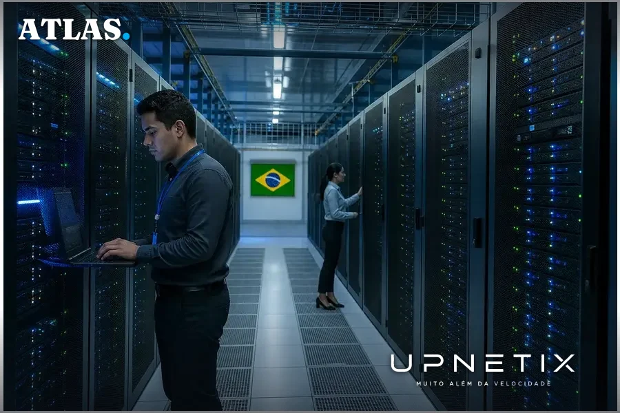 Interior de data center moderno com servidores em operação e iluminação azulada