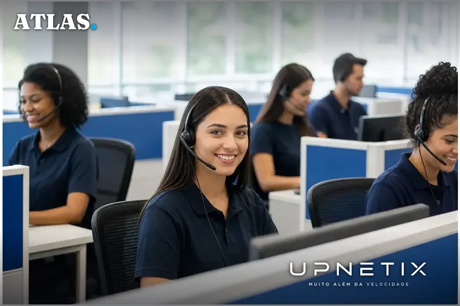 Operadores de teleatendimento brasileiros em call center moderno, com predominância feminina e diversidade etária.