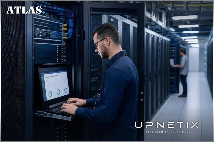 Interior de um data center moderno com servidores e equipamentos de TI de alta tecnologia.