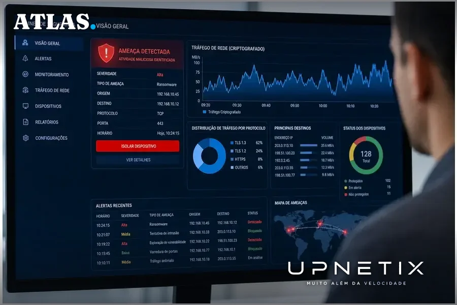 Tela de computador com interface de segurança cibernética mostrando alerta de malware e tráfego criptografado.