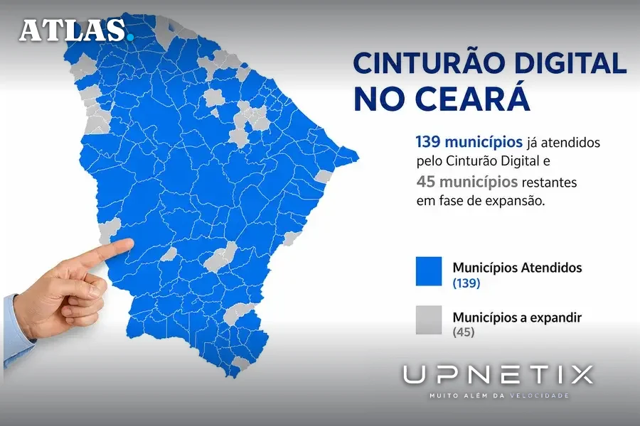 Mapa do Ceará destacando municípios atendidos e a expandir pelo Cinturão Digital.