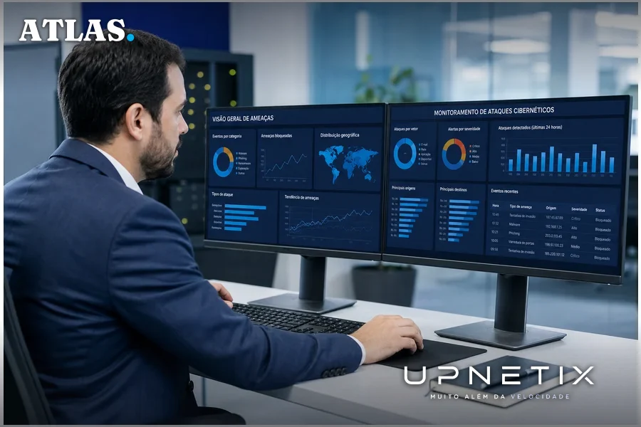 Executivo de telecom analisando dados de ataques DDoS em escritório moderno