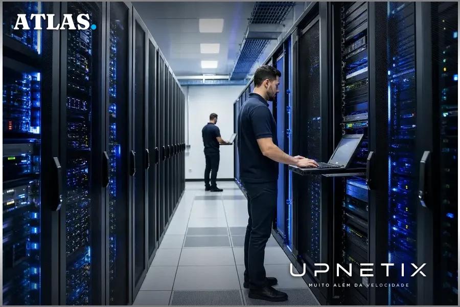 Interior realista de data center da Odata em São Paulo com racks e iluminação azulada.