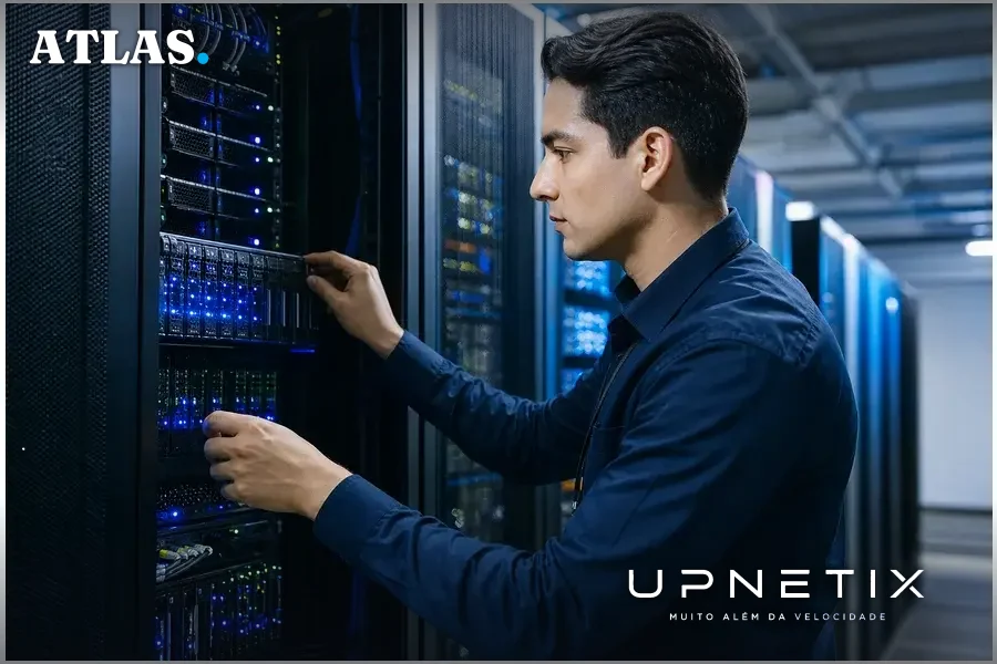 Servidor de alta performance em data center corporativo com luzes azuis e brancas.