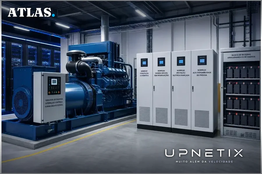 Geradores e sistemas de armazenamento de energia em data center ilustrando segurança energética e emergência.