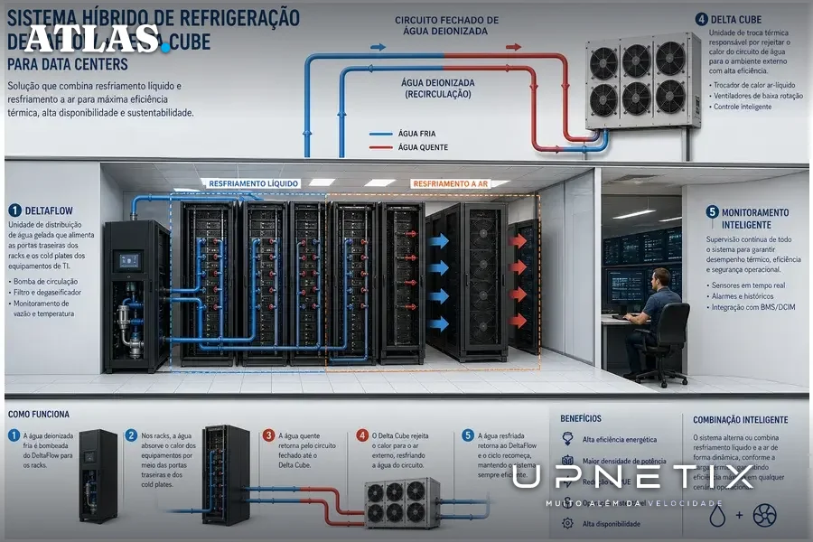 Diagrama técnico do sistema híbrido de refrigeração líquido e ar DeltaFlow + Delta Cube em data centers.