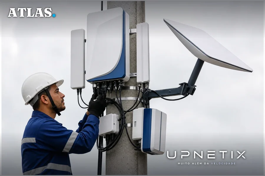 Estação rádio base femtocélula integrada com antena Starlink em poste urbano, equipamento moderno e compacto