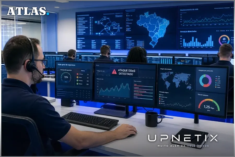Sala de operações de segurança cibernética com profissionais monitorando ataques DDoS