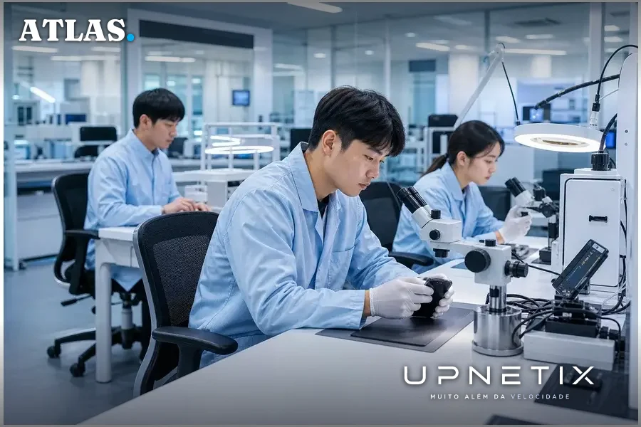 Engenheiros da Samsung realizando testes de compatibilidade de smartphones com banda n252 NTN para conexão via satélite.