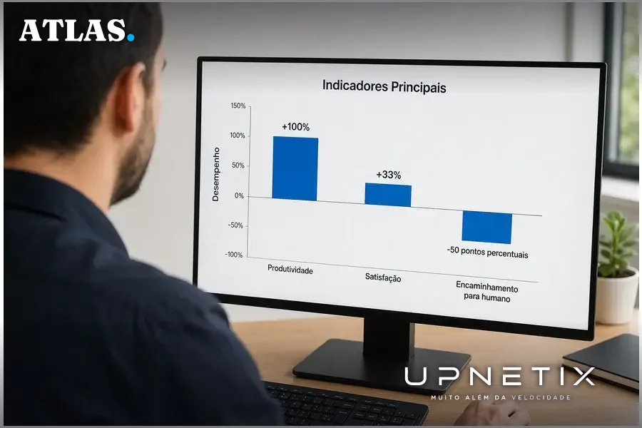 Gráfico de barras mostrando aumento de produtividade, satisfação do cliente e redução de encaminhamento para atendimento humano na Órigo Energia.