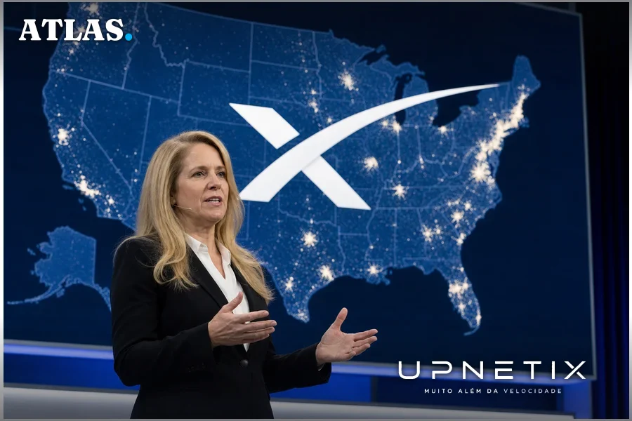 Gwynne Shotwell discursando em conferência da SpaceX com visual corporativo e mapa dos EUA ao fundo