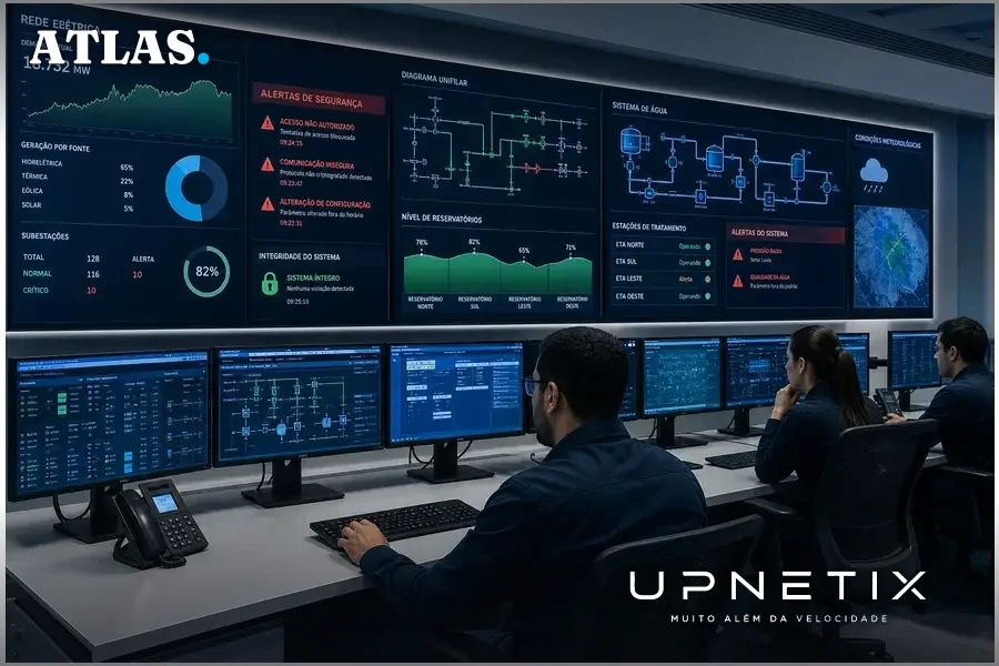 Operadores em central de controle industrial monitorando sistemas críticos vulneráveis a ataques cibernéticos.