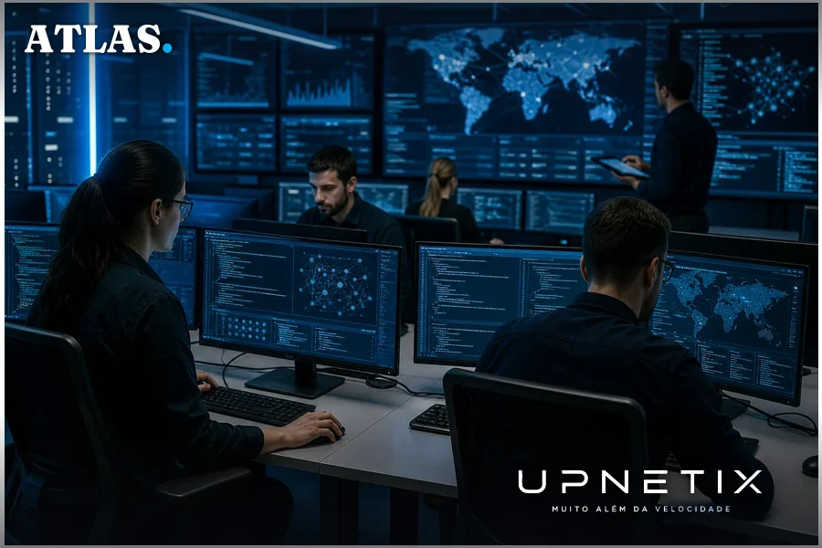 Equipe de profissionais de cibersegurança analisando vulnerabilidades em múltiplas telas em ambiente corporativo moderno.