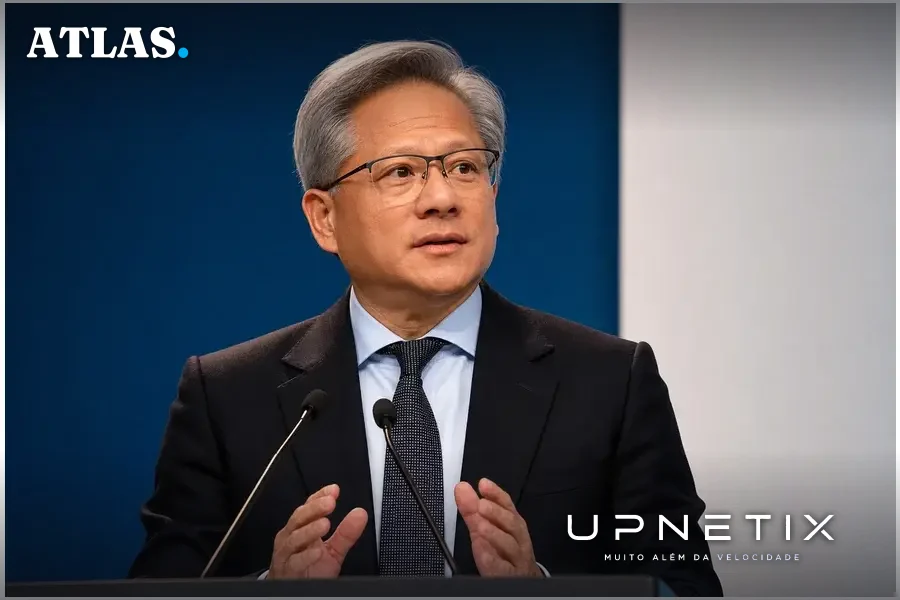 Jensen Huang, CEO da NVIDIA, anunciando a aquisição da Hugging Face em conferência de imprensa.