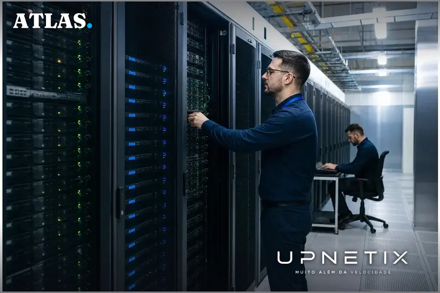 Interior realista de data center brasileiro com racks de alta densidade funcionando