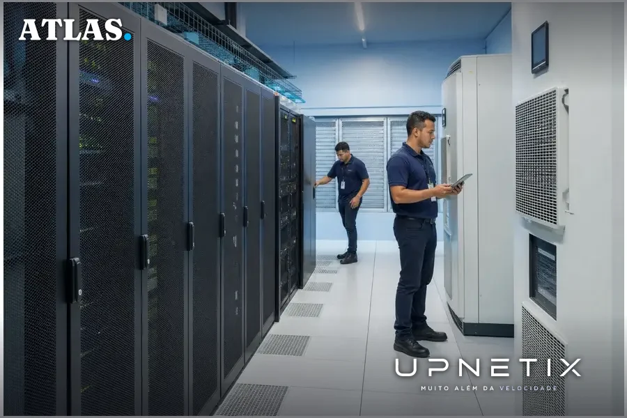 Data center regional com racks de servidores e equipamentos tecnológicos no Norte do Brasil.