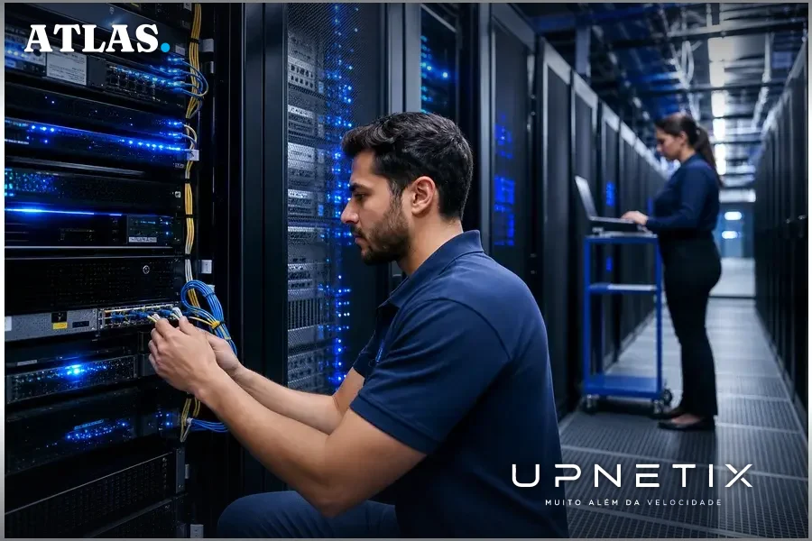Data center moderno com servidores iluminados em azul representando infraestrutura de IA