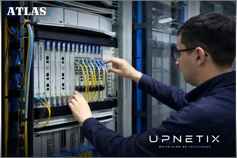 Equipamentos ópticos Waveserver e plataforma 6500 Packet-Optical da Ciena instalados em sala de servidores corporativa.