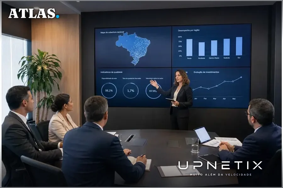 Executivos de telecomunicações discutindo em sala corporativa, simbolizando as condições e obrigações do acordo de compartilhamento entre Vivo e TIM.