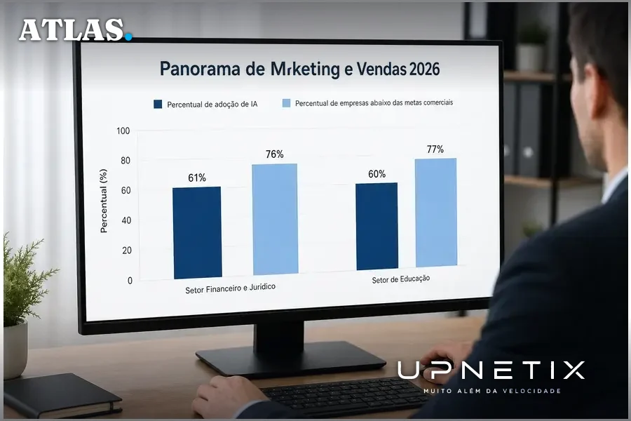 Dashboard corporativo em português mostrando dados de adoção de IA e desempenho comercial nos setores financeiro, jurídico e educação, estilo gráfico realista.