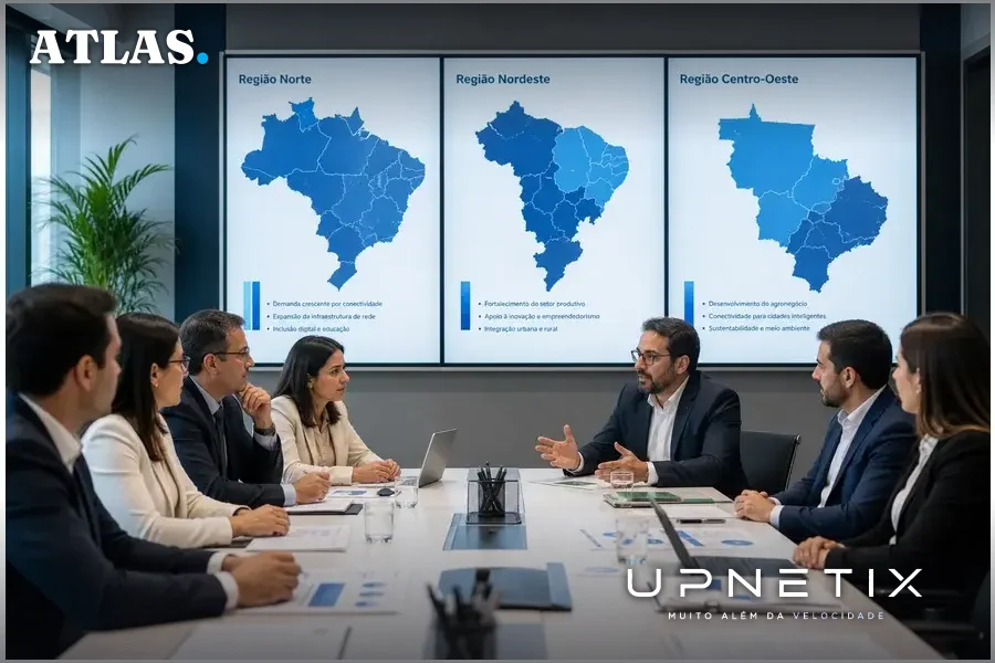 Reunião da Anatel discutindo o edital do leilão da faixa de 6 GHz com mapas regionais do Brasil ao fundo.