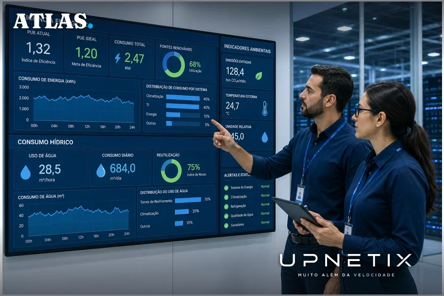 Painel de controle de eficiência energética e hídrica em data center com técnicos analisando.