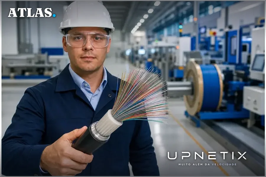 Engenheiro segurando cabo óptico de alta densidade em fábrica moderna.