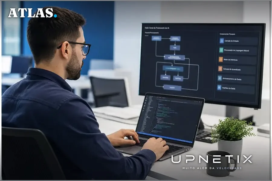 Engenheiro de software revisando código de framework de IA em laptop
