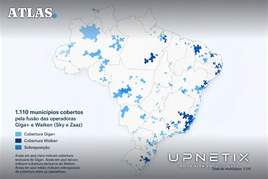 Mapa do Brasil colorido mostrando cobertura geográfica das operadoras Giga+ e Waiken com legenda em português.