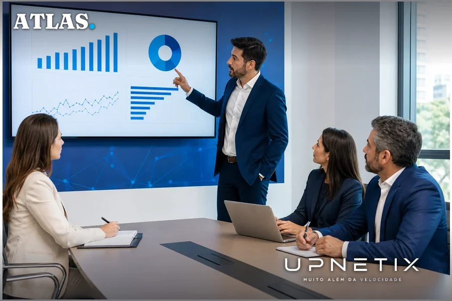Executivos brasileiros em reunião corporativa discutindo estratégias de inteligência artificial.