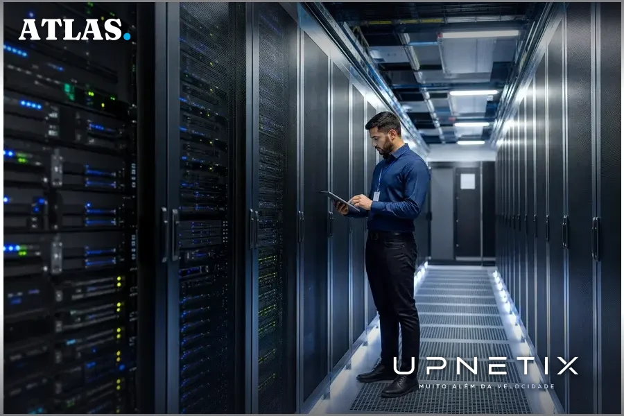 Interior de data center moderno com corredores de servidores e equipamentos ativos.