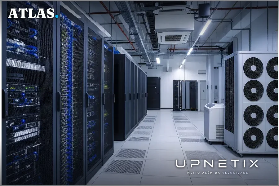 Interior de data center moderno brasileiro com racks de servidores e equipamentos de refrigeração.