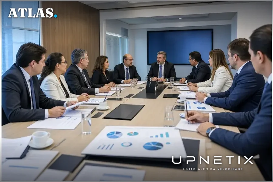 Reunião oficial do CIMCE com representantes governamentais e do setor mineral em ambiente corporativo realista.