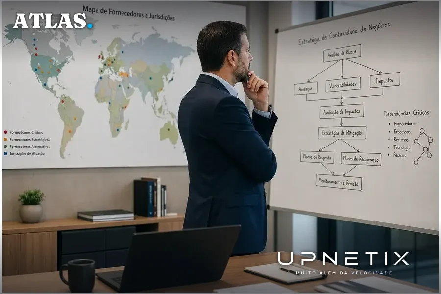 Executivo brasileiro avaliando mapa de fornecedores e riscos geopolíticos em ambiente corporativo.