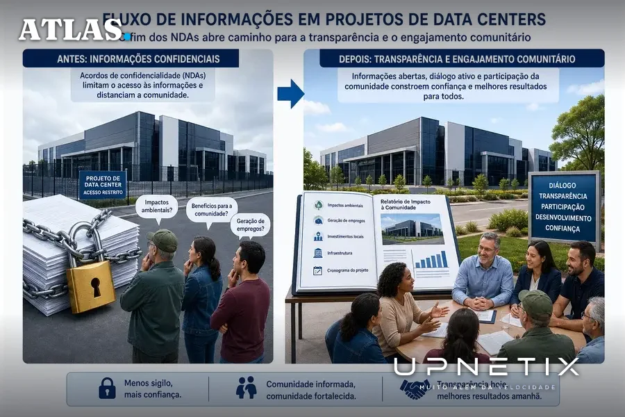 Diagrama mostrando mudança de fluxo de informações com fim dos NDAs em data centers e maior participação comunitária