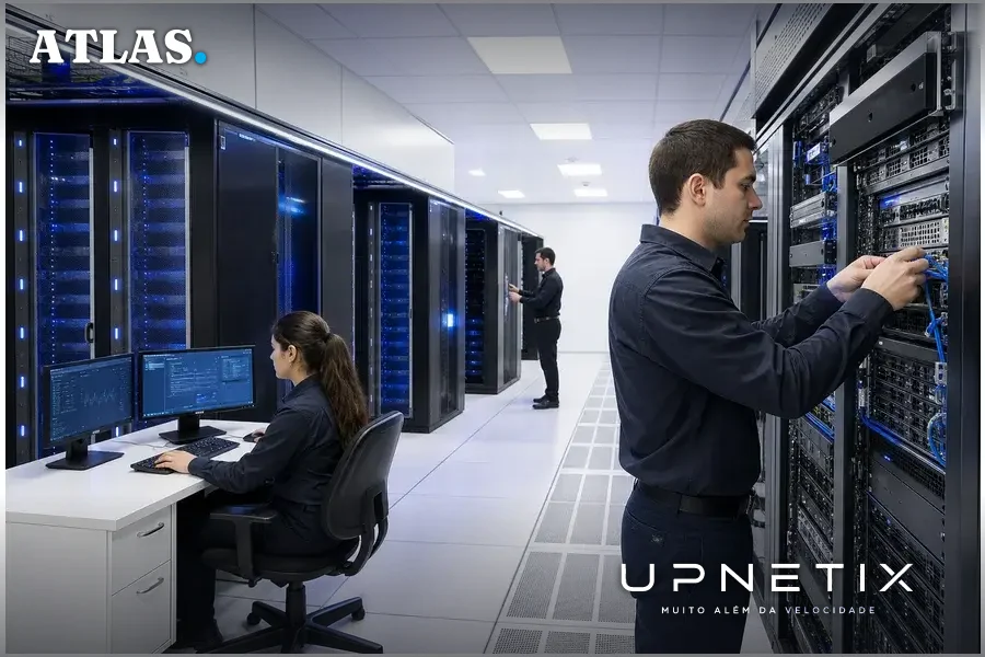 Data center moderno da Claro em São Paulo com racks de servidores e infraestrutura tecnológica.