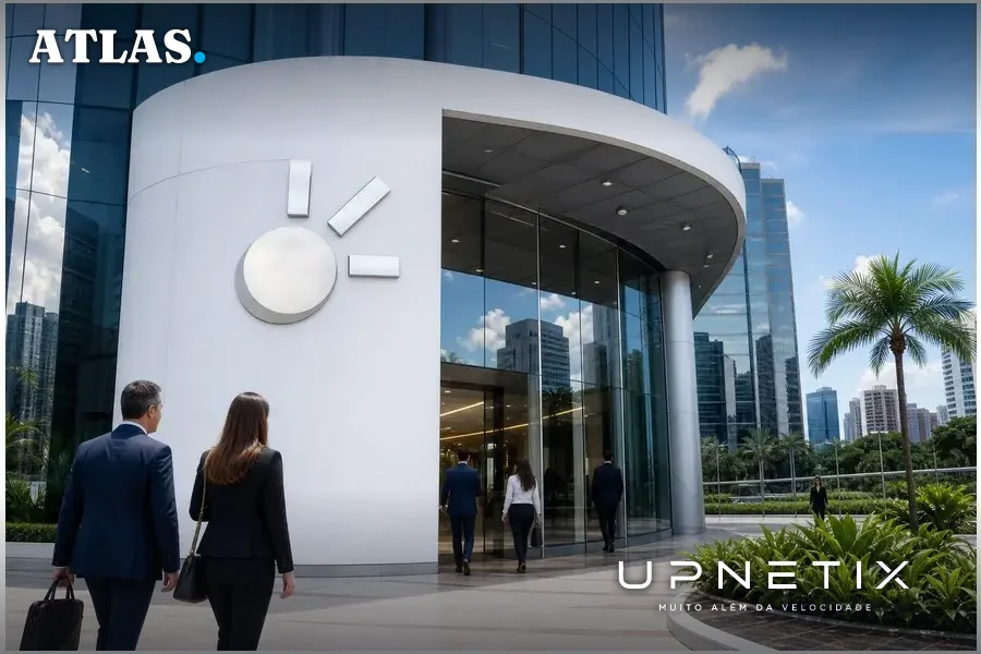 Fachada moderna do prédio corporativo da Claro em São Paulo com executivos entrando.