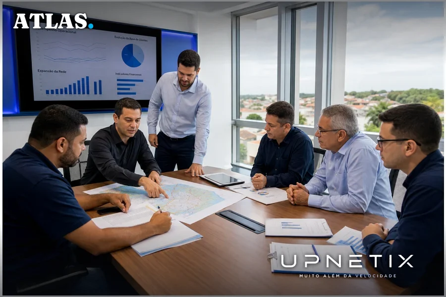 Executivos e técnicos de um provedor regional de internet em reunião corporativa discutindo estratégias de expansão.
