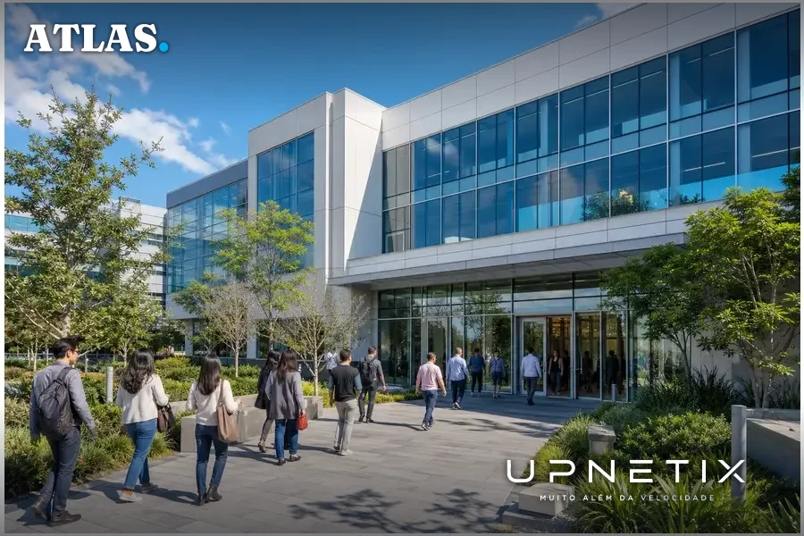 Prédio moderno da Anthropic com funcionários entrando em um campus tecnológico