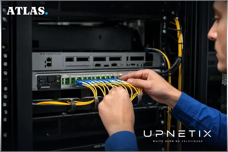 Equipamentos modernos de rede óptica XGS-PON em rack de datacenter usados por ISPs regionais para oferecer velocidades de até 10 Gbps.