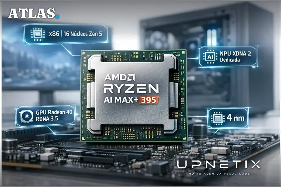 Processador AMD Ryzen AI Max+ 395 com especificações técnicas em destaque e desktop moderno ao fundo.