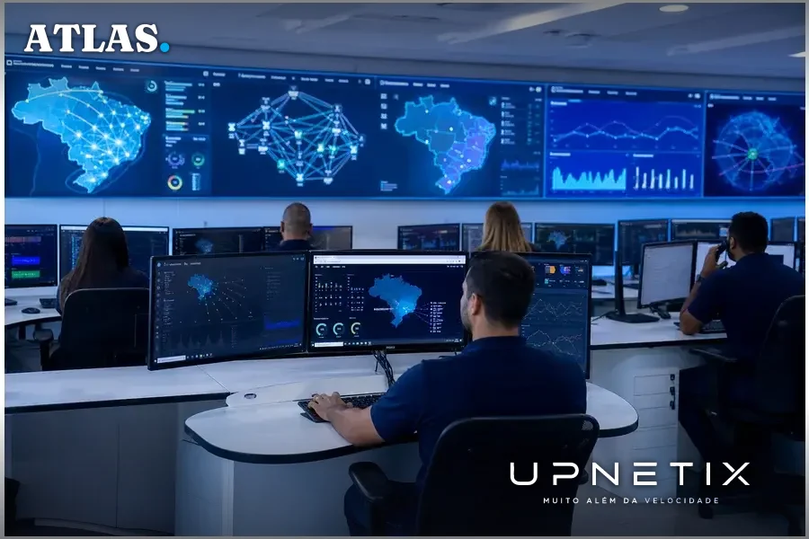 Sala de controle de operadora de telecomunicações com operadores e múltiplas telas mostrando dados de rede.