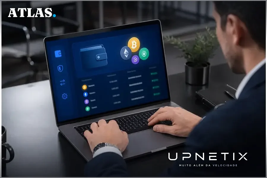 Pessoa utilizando carteira digital de criptomoedas em ambiente corporativo moderno, simbolizando uso de ativos virtuais para movimentação financeira.